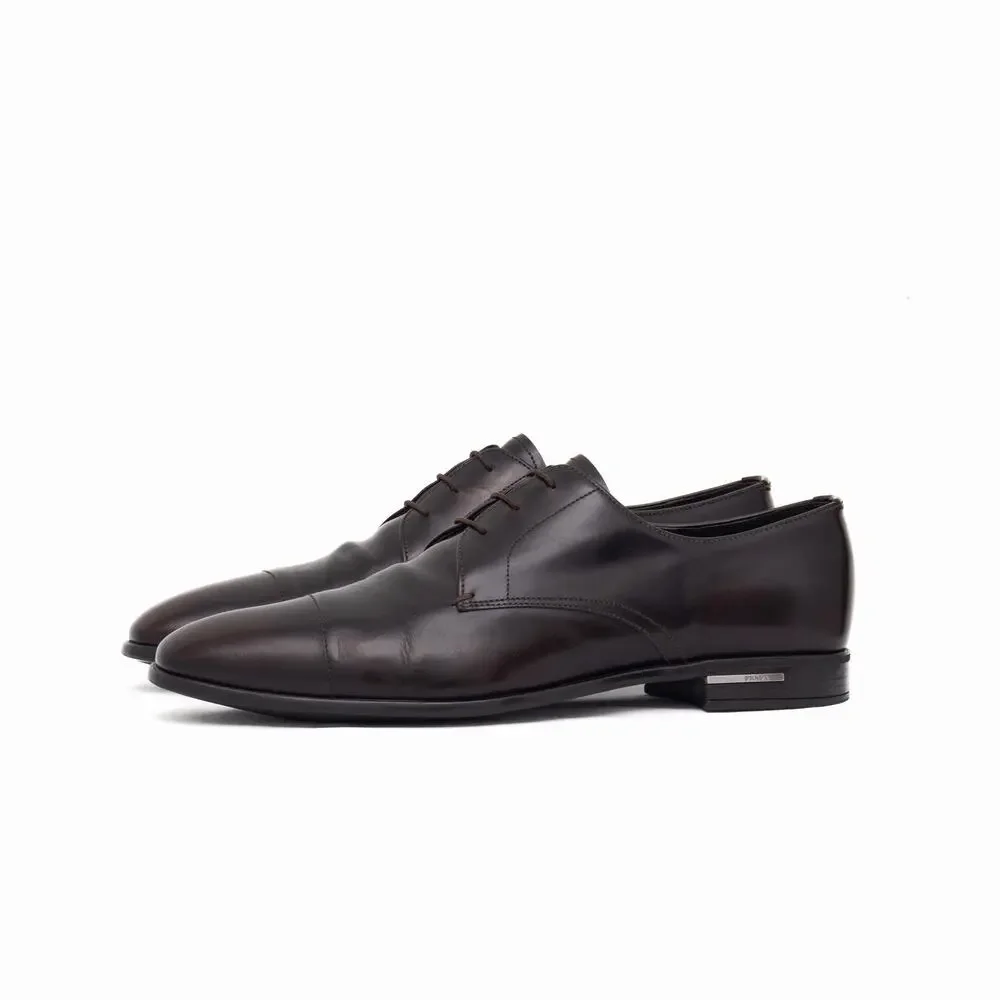Prada Men's Brushed Leather Cap Toe Laced Up Oxford Dress Shoes Brown UK9 US10